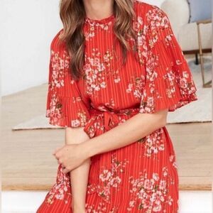 LOFT‎ Meadow Bouquet Spring Poppy Ruffled Sleeve Floral Dress Red Size Small